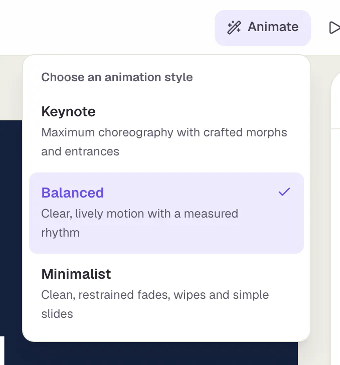 The “Choose an animation style” menu after clicking Animate, with the three styles Keynote, Balanced and Minimalist.