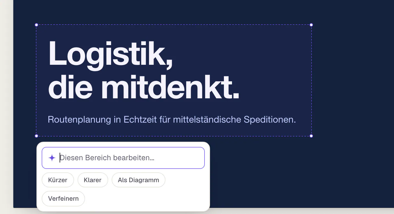 Ein markierter Bereich auf der Titelfolie: Unter dem gestrichelten Rahmen öffnet sich ein kleines Feld „Diesen Bereich bearbeiten …“ mit den Kurzbefehlen Kürzer, Klarer, Als Diagramm und Verfeinern.