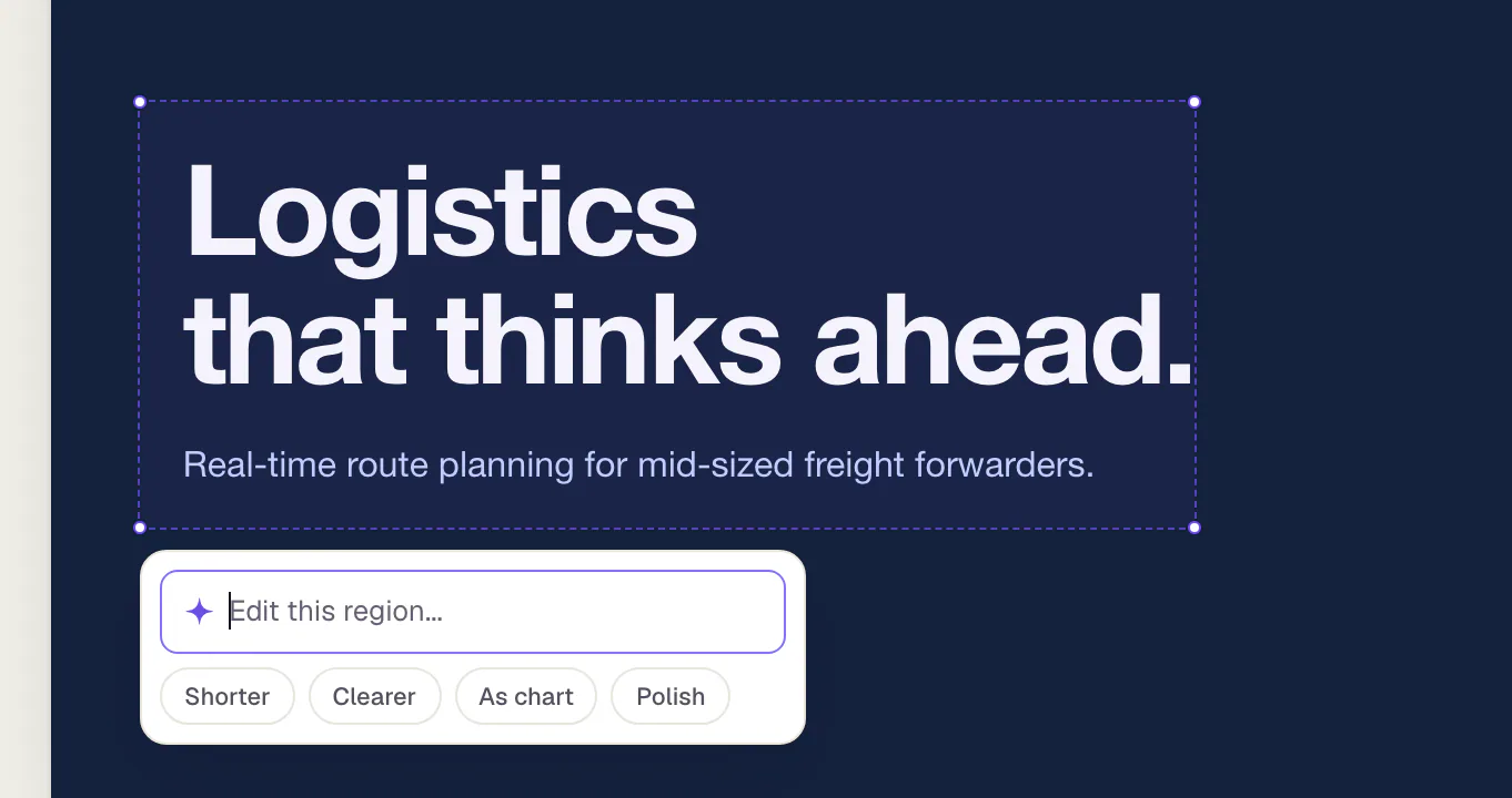 A marked area on the title slide: below the dashed frame a small box “Edit this region ...” opens with the shortcuts Shorter, Clearer, As chart and Polish.