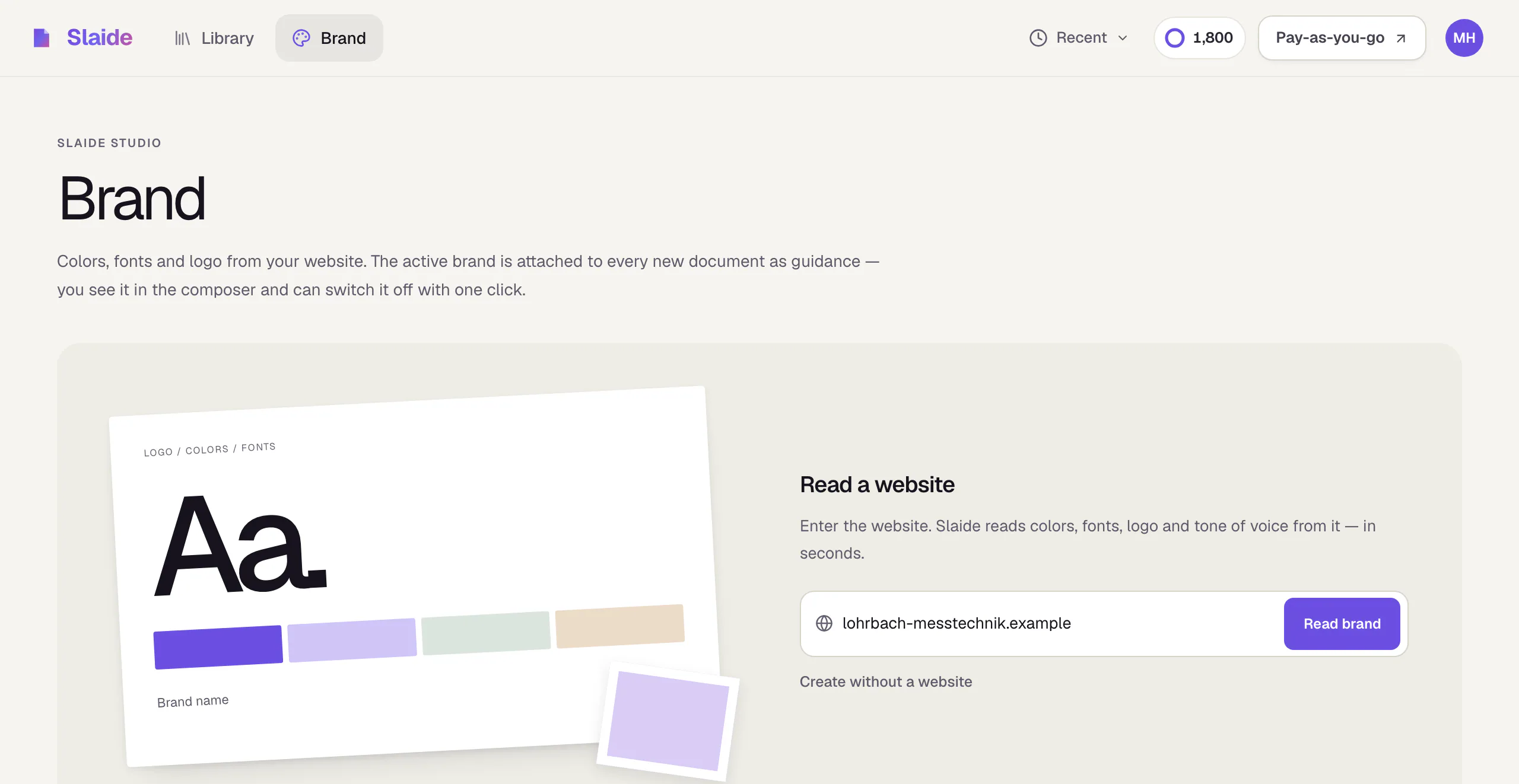 The Brand page without a saved brand: an input field for the website and the button that reads it.