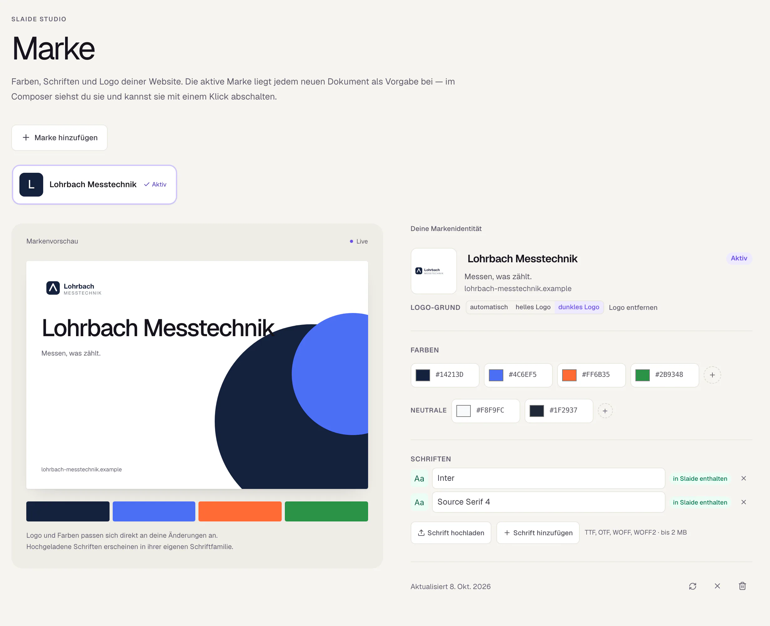 Die Seite Marke in Slaide mit einer gespeicherten Marke: links die Markenvorschau, rechts Name, Logo, Farben und Schriften der Marke; oben die aktive Marke mit dem Hinweis Aktiv.