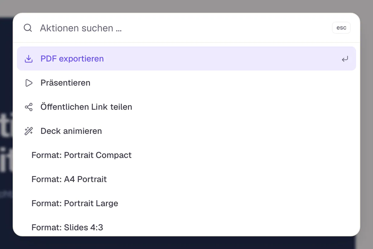 Die Befehlspalette nach Strg oder Cmd + K: oben das Suchfeld „Aktionen suchen ...“ mit dem Hinweis esc, darunter die Liste der Aktionen, von denen die erste ausgewählt ist.