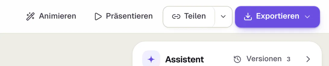 Die Kopfleiste des Slaide-Editors rechts oben mit den Knöpfen Animieren, Präsentieren, Teilen (mit Pfeil für weitere Teilen-Optionen) und Exportieren.
