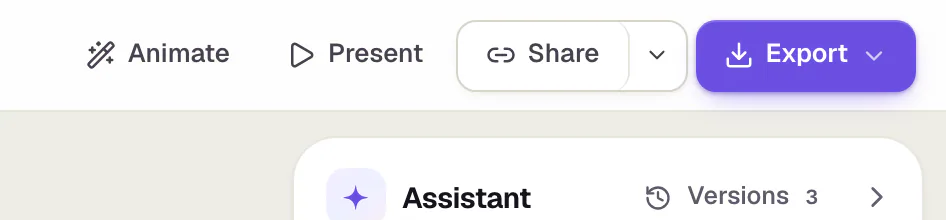 The top bar of the Slaide editor, right side, with the buttons Animate, Present, Share (with an arrow for more sharing options) and Export.