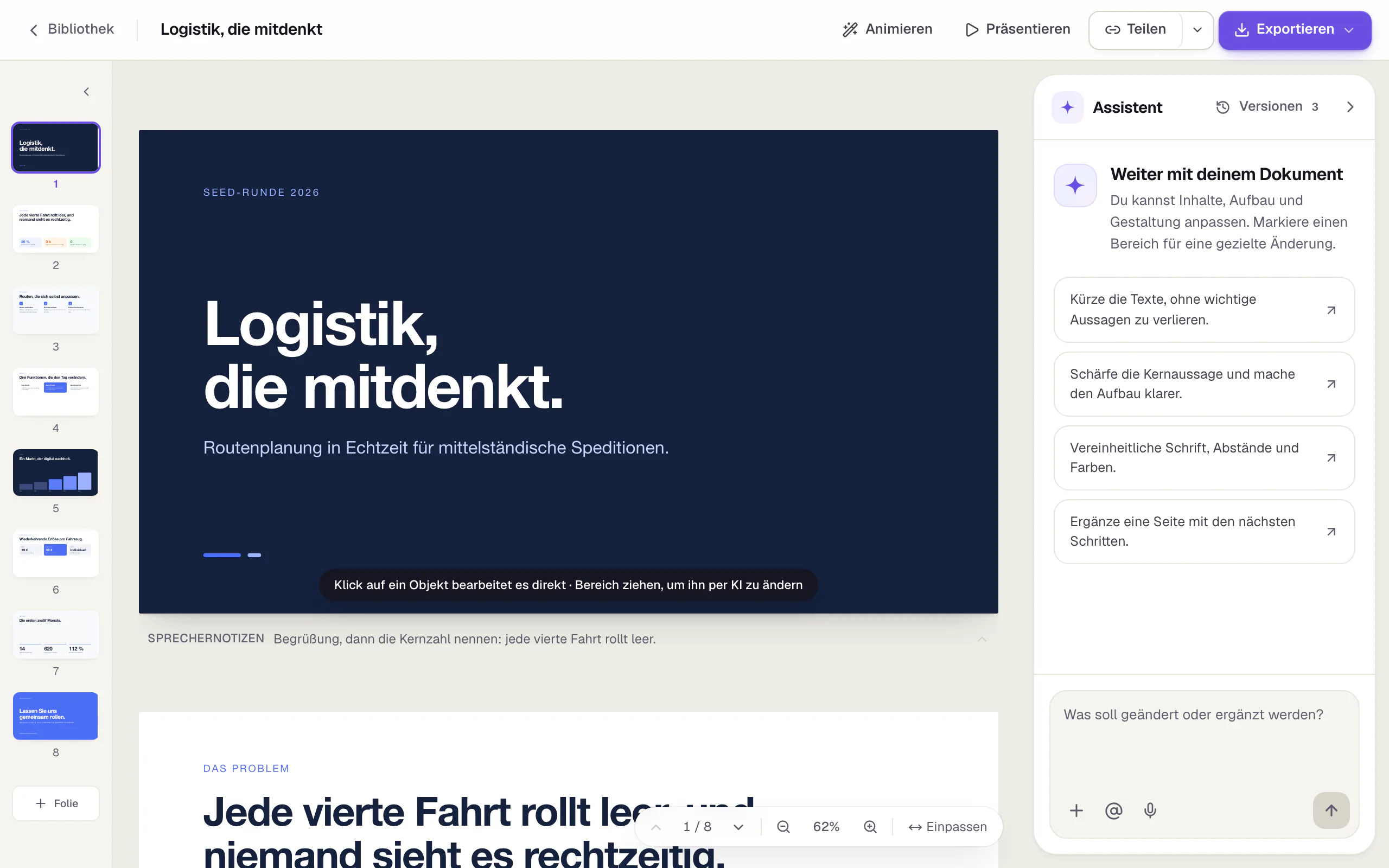 Der Slaide-Editor mit einem Pitch-Deck: links der Seitenstreifen mit acht Seiten, in der Mitte die Titelfolie, rechts der Assistent mit Eingabefeld; oben Animieren, Präsentieren, Teilen und Exportieren.