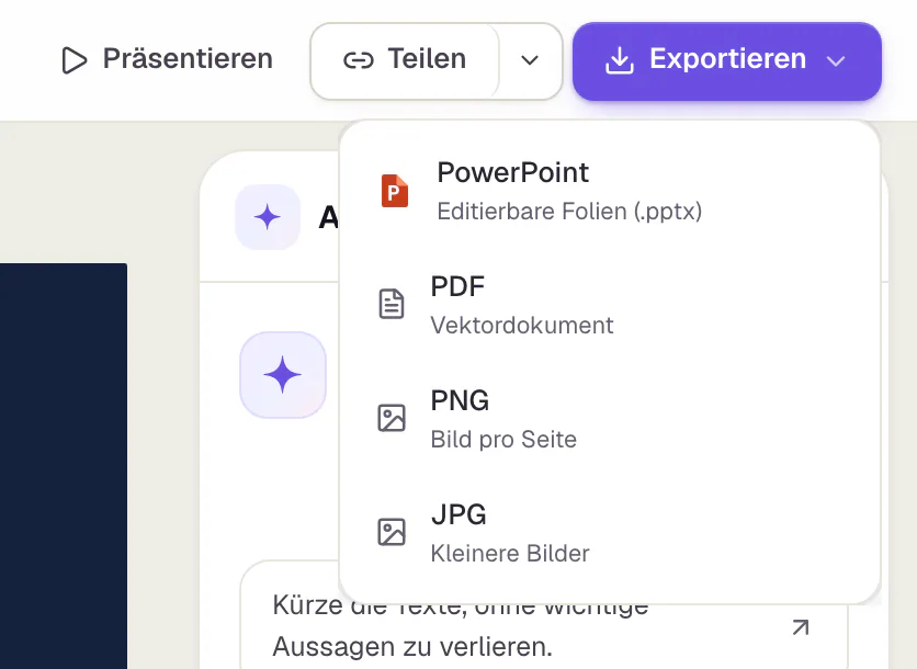 Das geöffnete Exportmenü eines Pitch-Decks in Slaide mit PowerPoint (editierbare Folien, .pptx), PDF (Vektordokument), PNG (Bild pro Seite) und JPG (kleinere Bilder).
