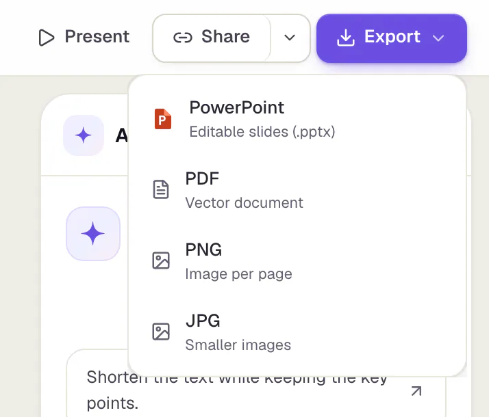 The open Export menu of a pitch deck in Slaide with PowerPoint (editable slides, .pptx), PDF (vector document), PNG (image per page) and JPG (smaller images).