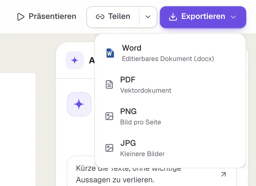 Das geöffnete Exportmenü eines A4-Berichts in Slaide mit Word (editierbares Dokument, .docx), PDF (Vektordokument), PNG (Bild pro Seite) und JPG (kleinere Bilder).
