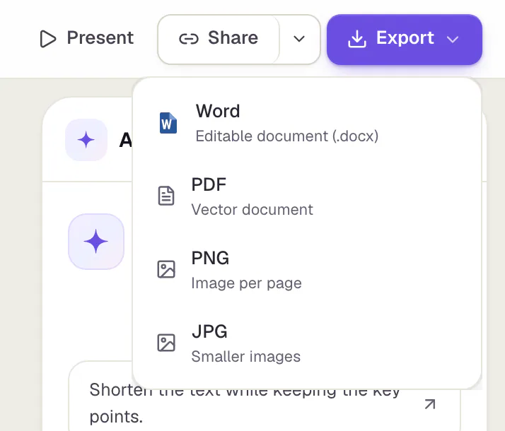 The open Export menu of an A4 report in Slaide with Word (editable document, .docx), PDF (vector document), PNG (image per page) and JPG (smaller images).