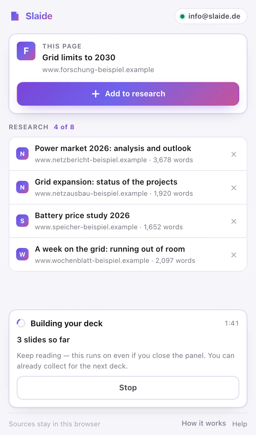 The Slaide panel while it builds: “Building your deck” with the slide count so far, the note that you can keep reading and the “Stop” button.