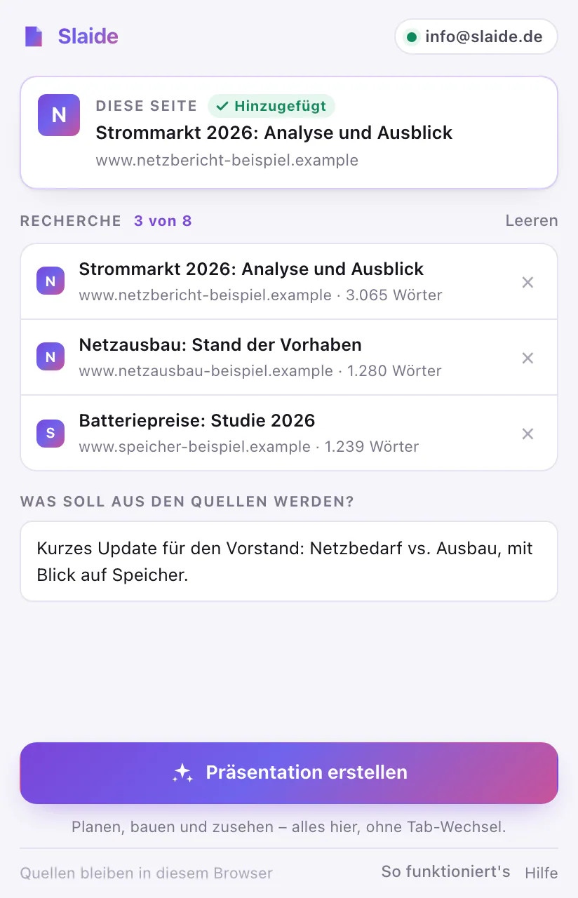 Das Slaide-Panel mit drei gesammelten Quellen unter „Recherche“, dem Feld „Was soll die Präsentation werden?“ mit einem Satz und dem Knopf „Präsentation erstellen“.