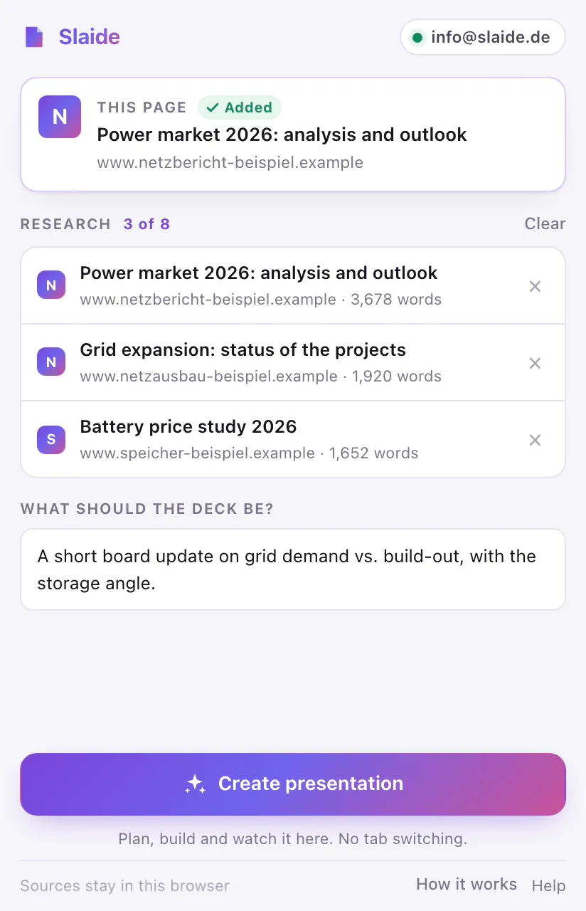 The Slaide panel with three collected sources under “Research”, the field “What should the deck be?” with one sentence and the button “Create presentation”.