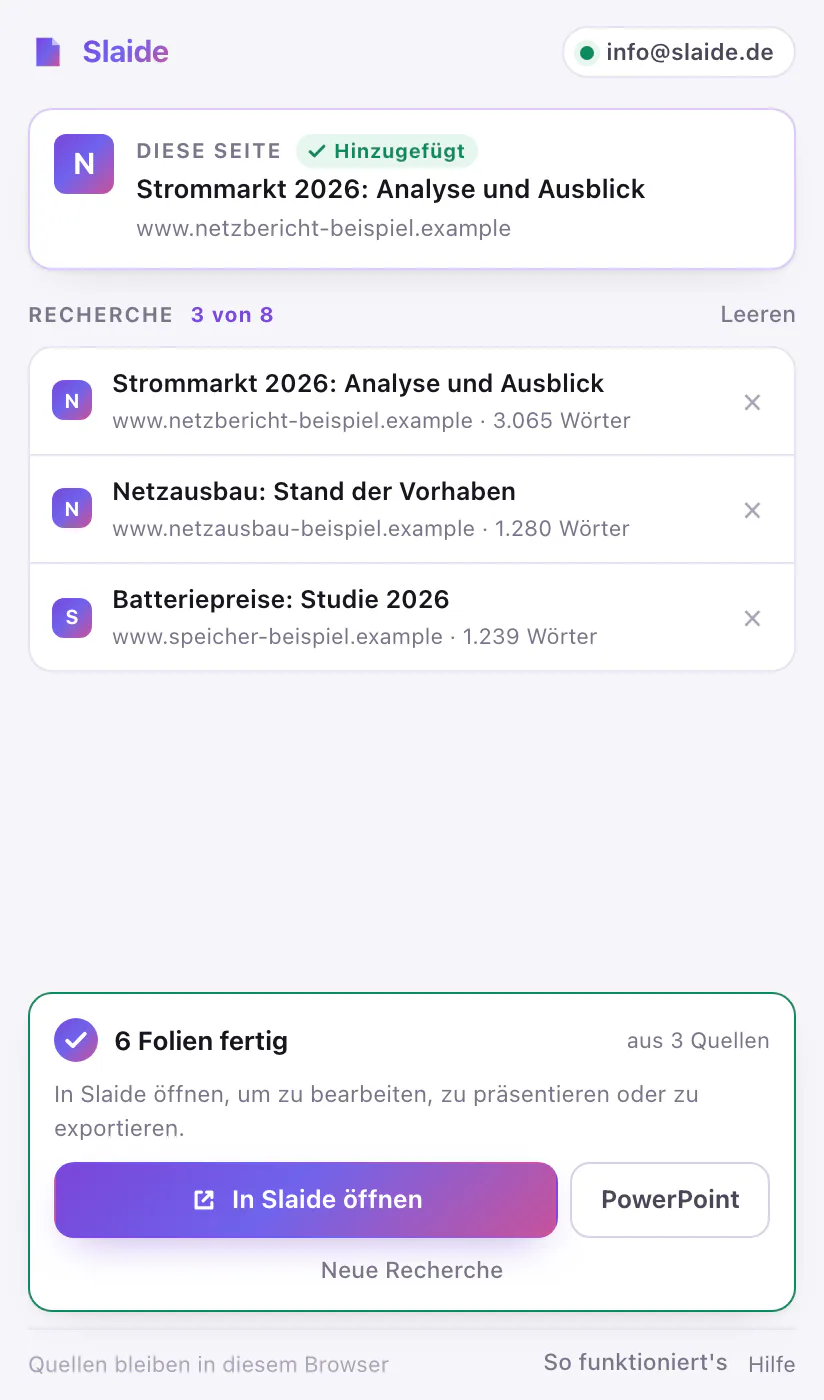 Das Slaide-Panel mit der fertigen Präsentation: „6 Folien fertig“ und die Knöpfe „In Slaide öffnen“ und „PowerPoint“.