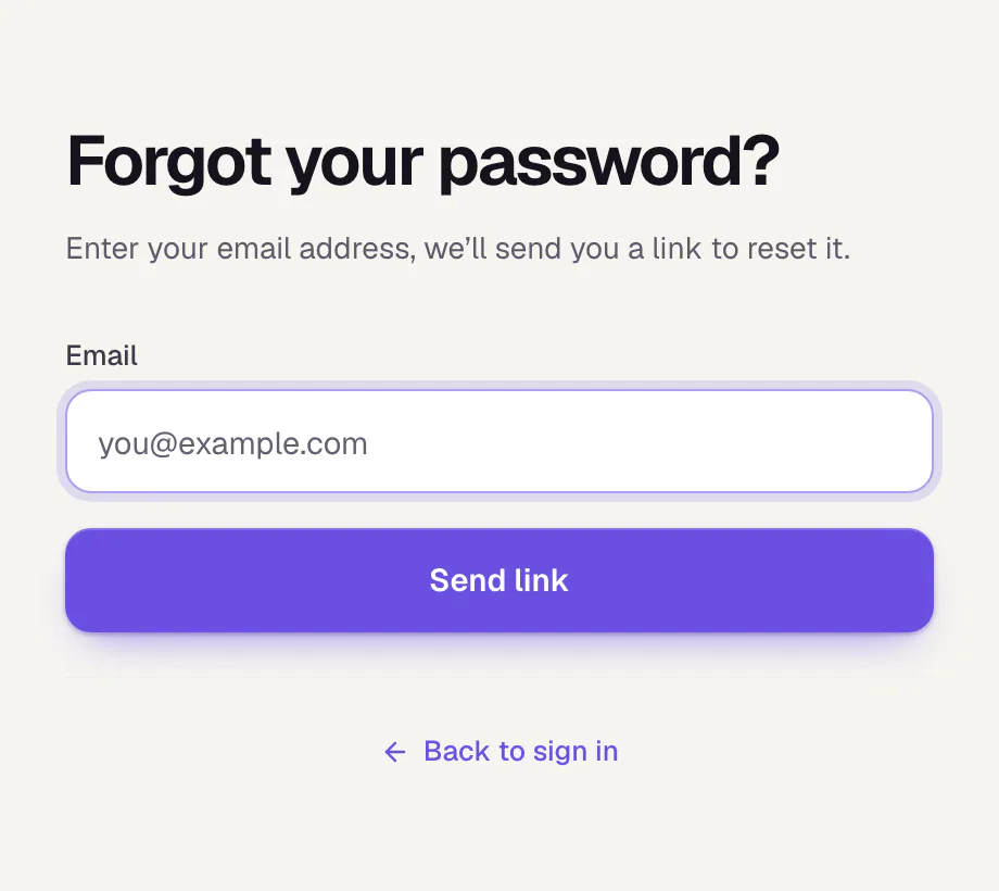The “Forgot your password?” page: a field for the email address, the Send link button and the link Back to sign in below it.