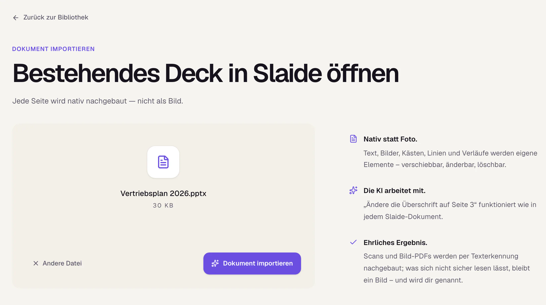 Die Importseite nach dem Auswählen einer PowerPoint-Datei: der Dateiname steht in der Fläche, darunter der Knopf Dokument importieren.