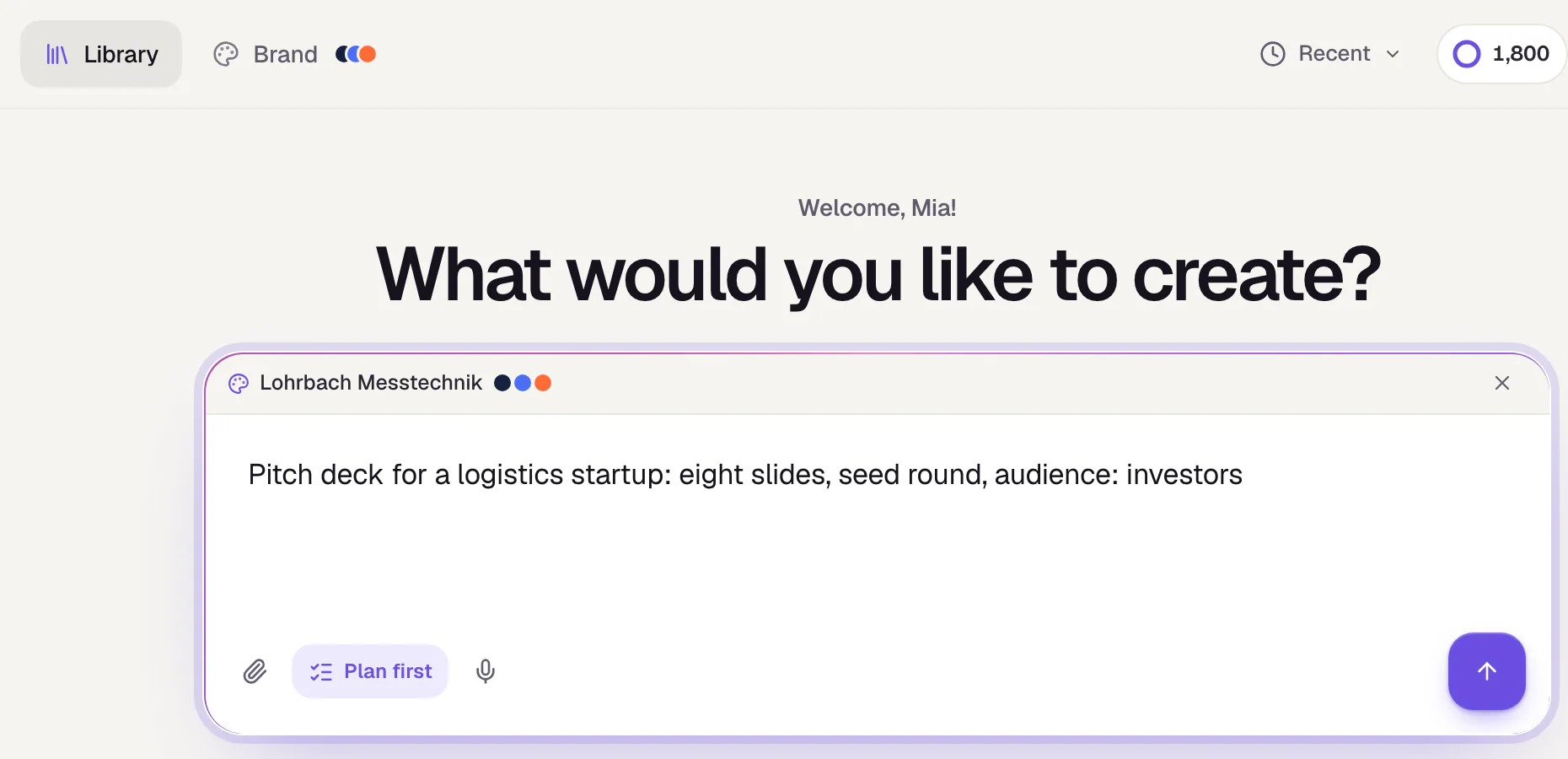 The library with an active brand: above the input box a bar shows the brand name with its colors and a cross for building without the brand.