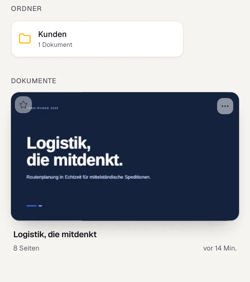 Ein Ordner und die erste Dokumentkarte der Bibliothek: auf der Karte der Stern für Favoriten oben links und der Knopf mit den drei Punkten für die Aktionen oben rechts.