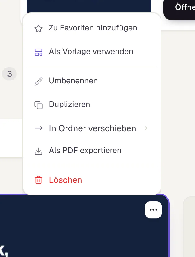Das Aktionsmenü einer Dokumentkarte in der Bibliothek mit Zu Favoriten hinzufügen, Als Vorlage verwenden, Umbenennen, Duplizieren, In Ordner verschieben, Als PDF exportieren und Löschen.