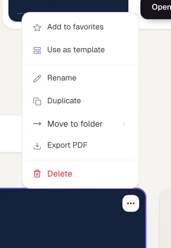 The actions menu of a document card in the library with Add to favorites, Use as template, Rename, Duplicate, Move to folder, Export PDF and Delete.