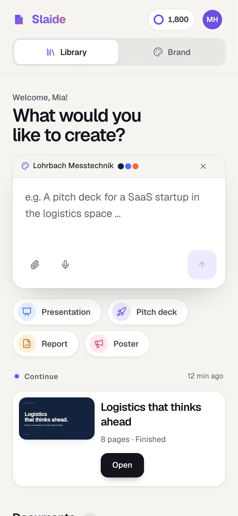The Slaide library on a phone: heading, the input box with the Generate arrow and the quick starts below it.