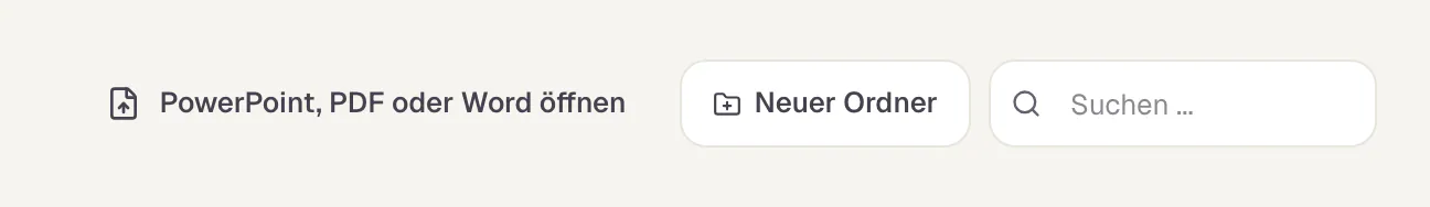 Die Werkzeugleiste über der Dokumentliste der Bibliothek: der Knopf „PowerPoint, PDF oder Word öffnen“, der Knopf Neuer Ordner und das Suchfeld.