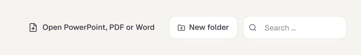 The toolbar above the document list in the library: the button “Open PowerPoint, PDF or Word”, the New folder button and the search field.