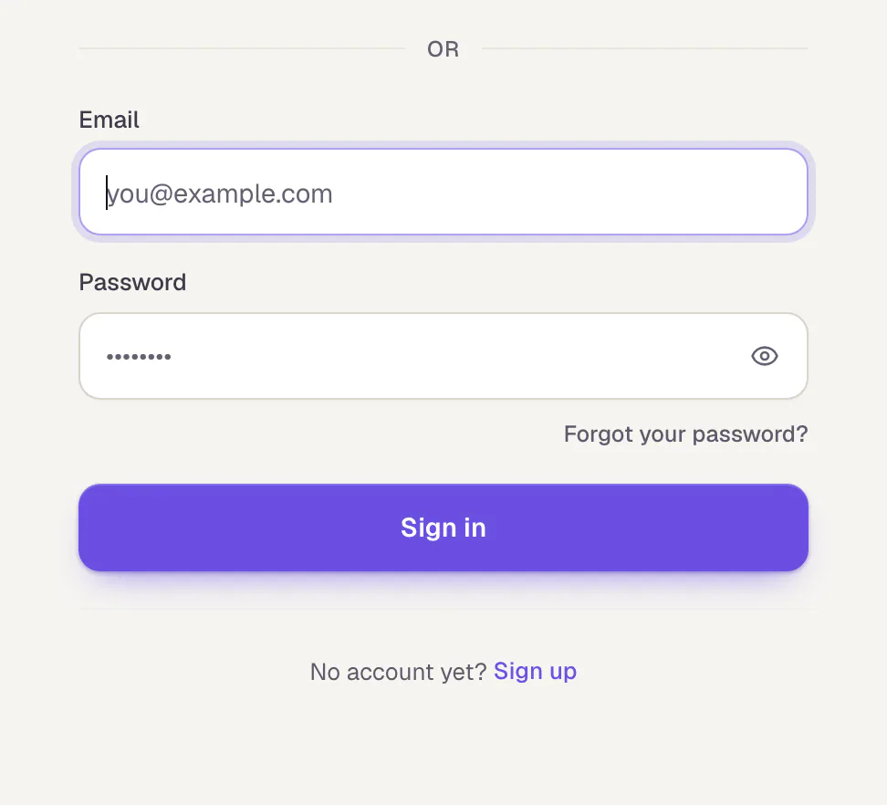 The sign-in form with email: the Email and Password fields, the link Forgot your password? above on the right and the Sign in button.