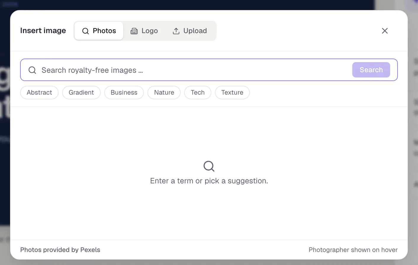 The “Insert image” window after clicking Media: the tabs Photos, Logo and Upload at the top, below them a search box for royalty-free images with six suggestions (Abstract, Gradient, Business, Nature, Tech, Texture) and the hint to enter a term.