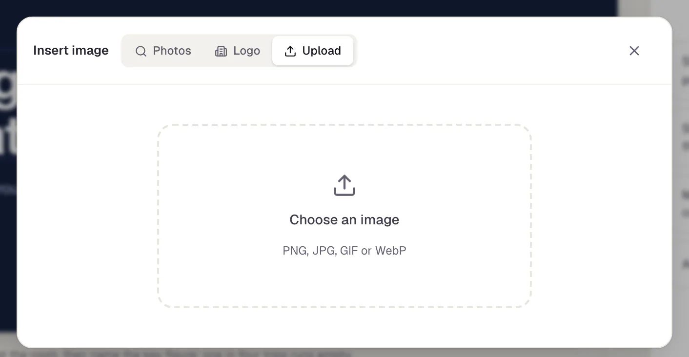 The Upload tab in the “Insert image” window: a dashed field “Choose an image” with the note on the allowed formats PNG, JPG, GIF or WebP.