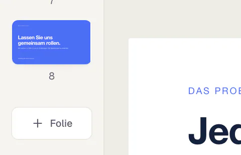 Das Ende der Seitenleiste mit der letzten Seite und dem Knopf „Folie“, mit dem die nächste Folie im Chat beschrieben wird.