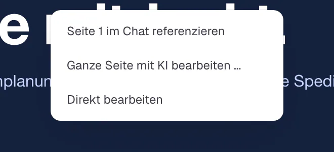 Das Rechtsklick-Menü einer Seite im Slaide-Editor mit „Ganze Seite mit KI bearbeiten“, „Seite 1 im Chat referenzieren“ und „Direkt bearbeiten“.