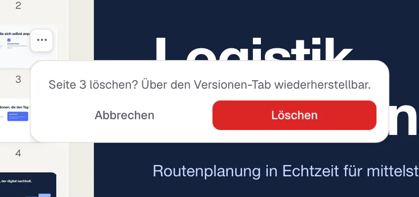 Die Rückfrage im Seitenmenü: „Seite 3 löschen? Über den Versionen-Tab wiederherstellbar.“ mit den Knöpfen Abbrechen und Löschen.