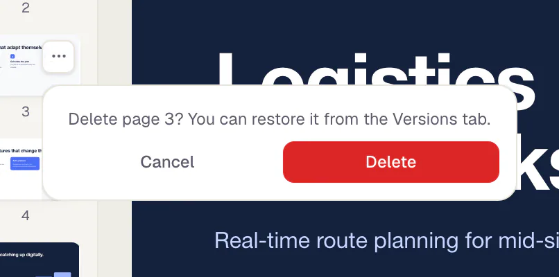 The question in the page menu: “Delete page 3? You can restore it from the Versions tab.” with the buttons Cancel and Delete.