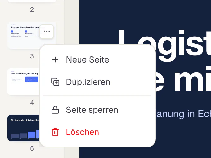 Die Seitenleiste des Editors mit dem geöffneten Seitenmenü zu Seite 3: Neue Seite, Duplizieren, Seite sperren und Löschen.