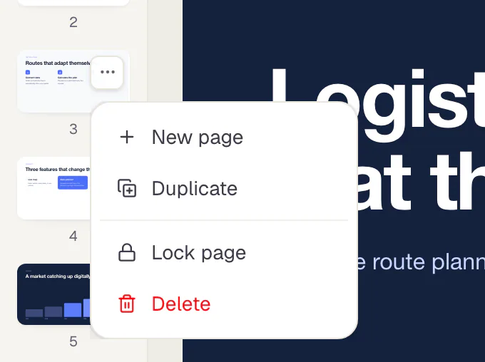 The page strip of the editor with the page menu open for page 3: New page, Duplicate, Lock page and Delete.