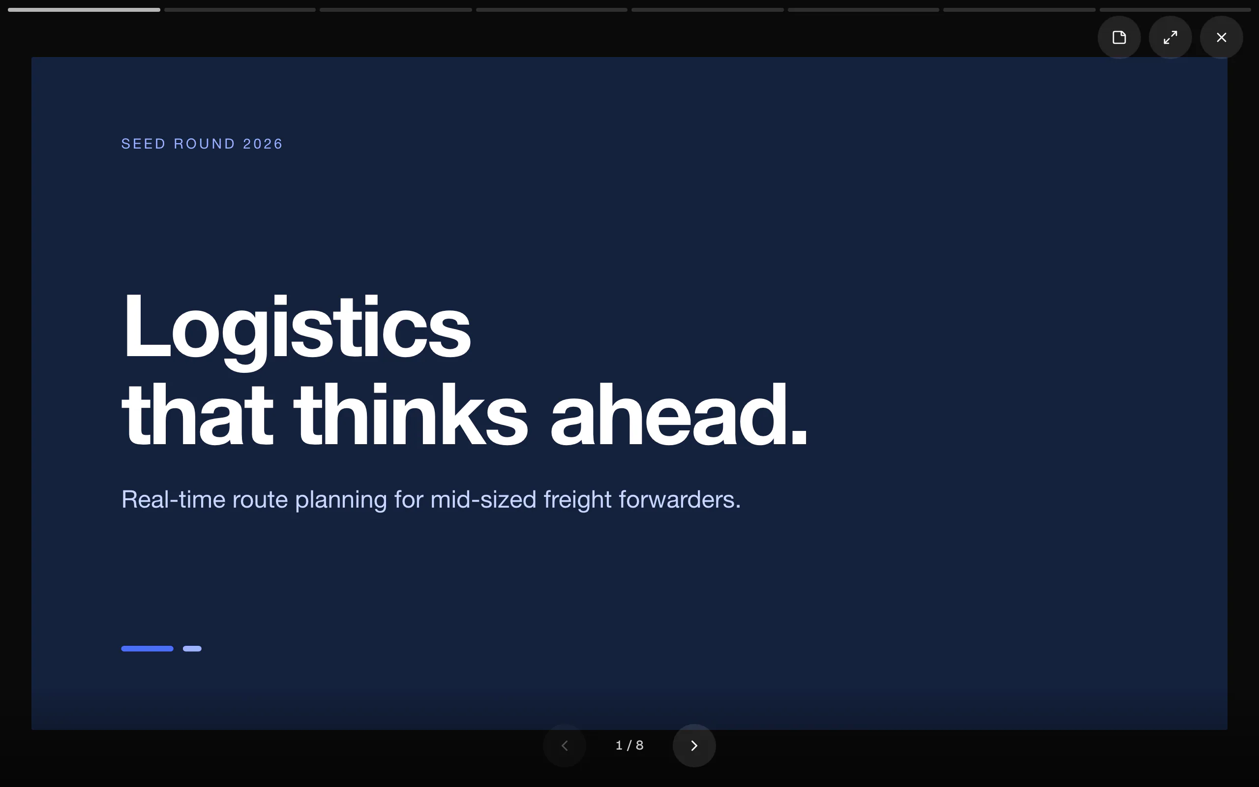 The presentation view: the title slide fills the screen; the buttons Notes, Fullscreen and Exit are at the top right.