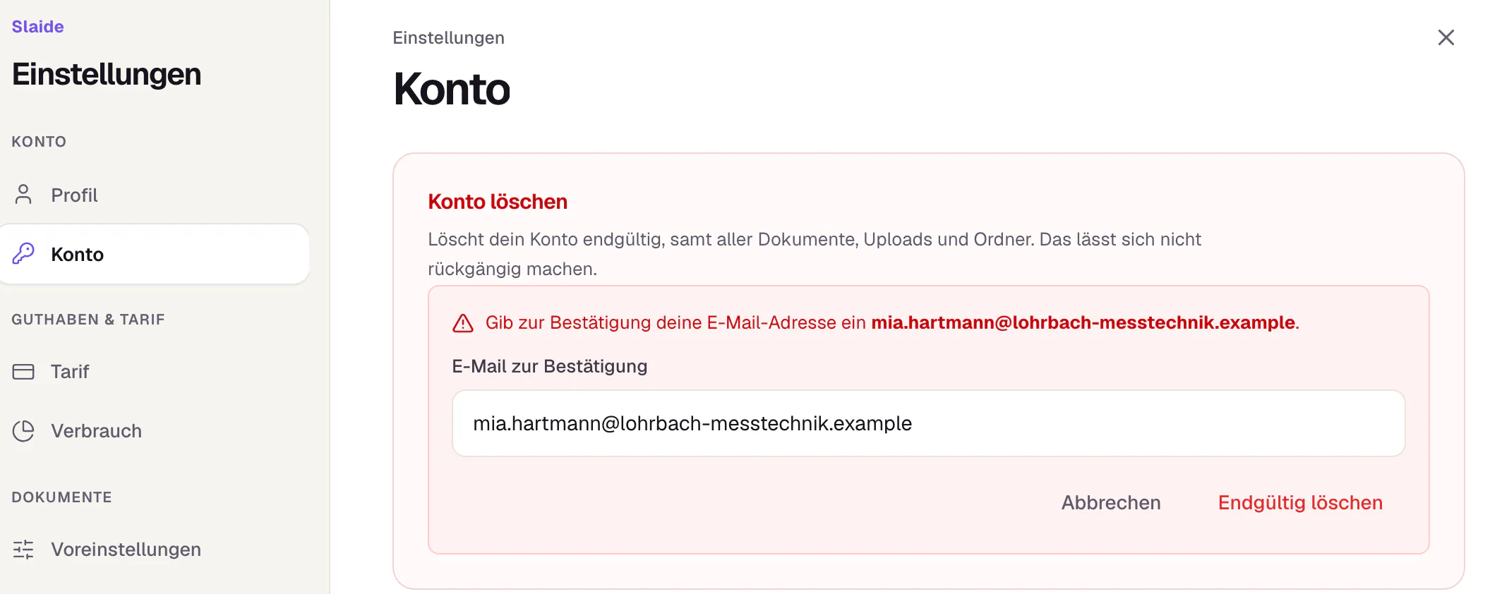 Die Bestätigung beim Löschen des Kontos: das Feld „E-Mail zur Bestätigung“ mit der eingetragenen Adresse und die Knöpfe Abbrechen und Endgültig löschen.