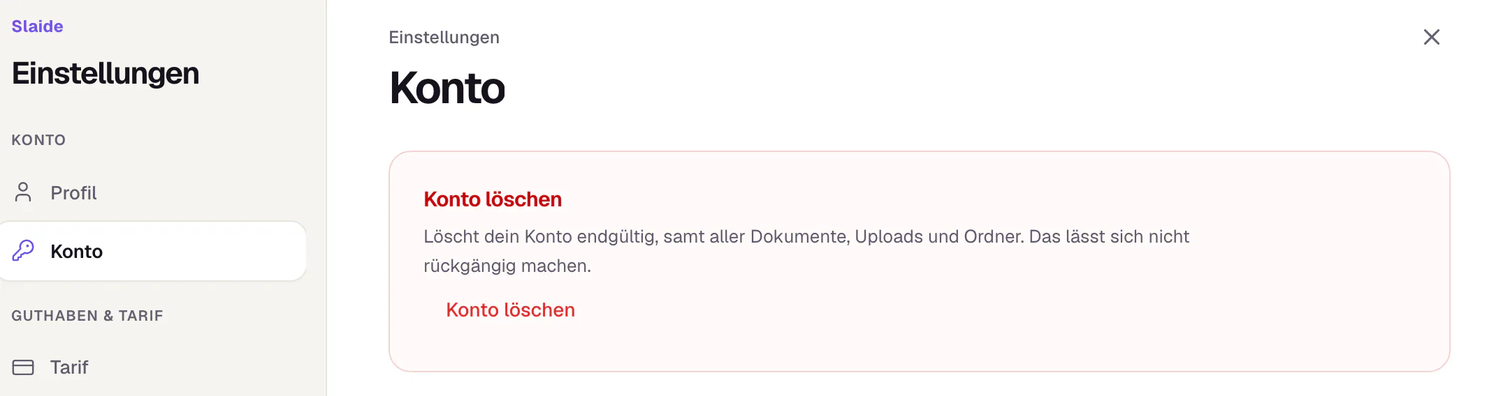 Die Einstellungen von Slaide, Bereich Konto, weiter unten: die rot abgesetzte Karte Konto löschen mit dem Knopf Konto löschen.