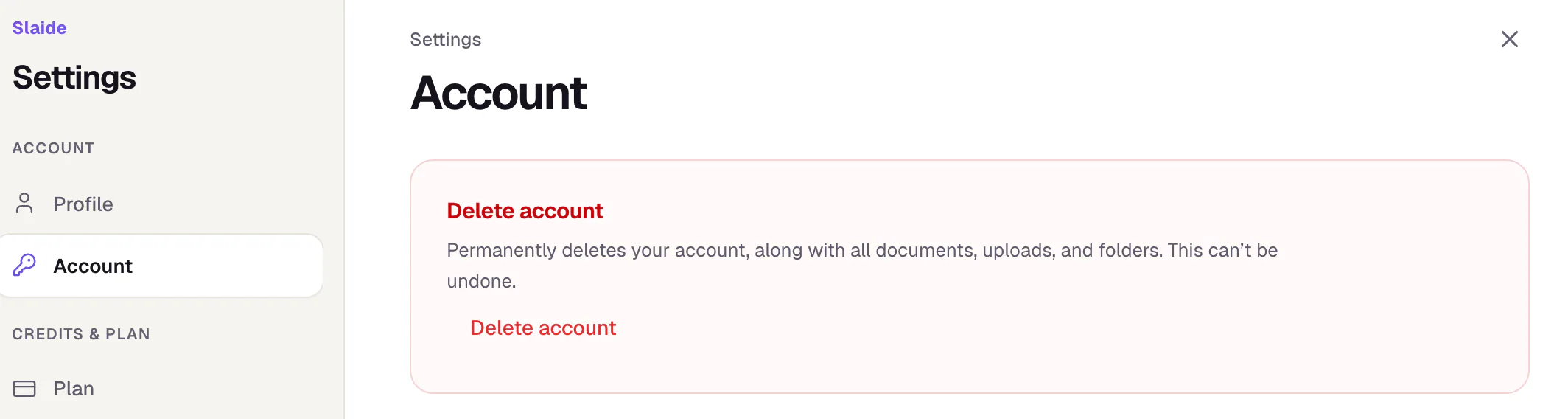 Slaide settings, Account area, further down: the red Delete account card with the Delete account button.