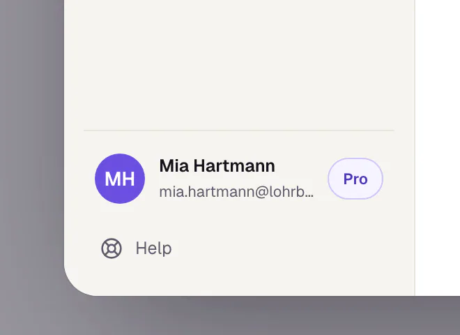 The bottom of the sidebar in Settings: the name and email address of the account with the plan button and below it the link “Help”.