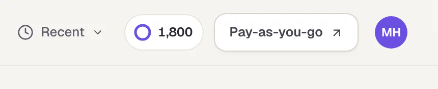 The top bar of the Slaide library on the right: Recent, the credit balance, Pay-as-you-go and, at the far right, the round avatar with initials that opens the settings.