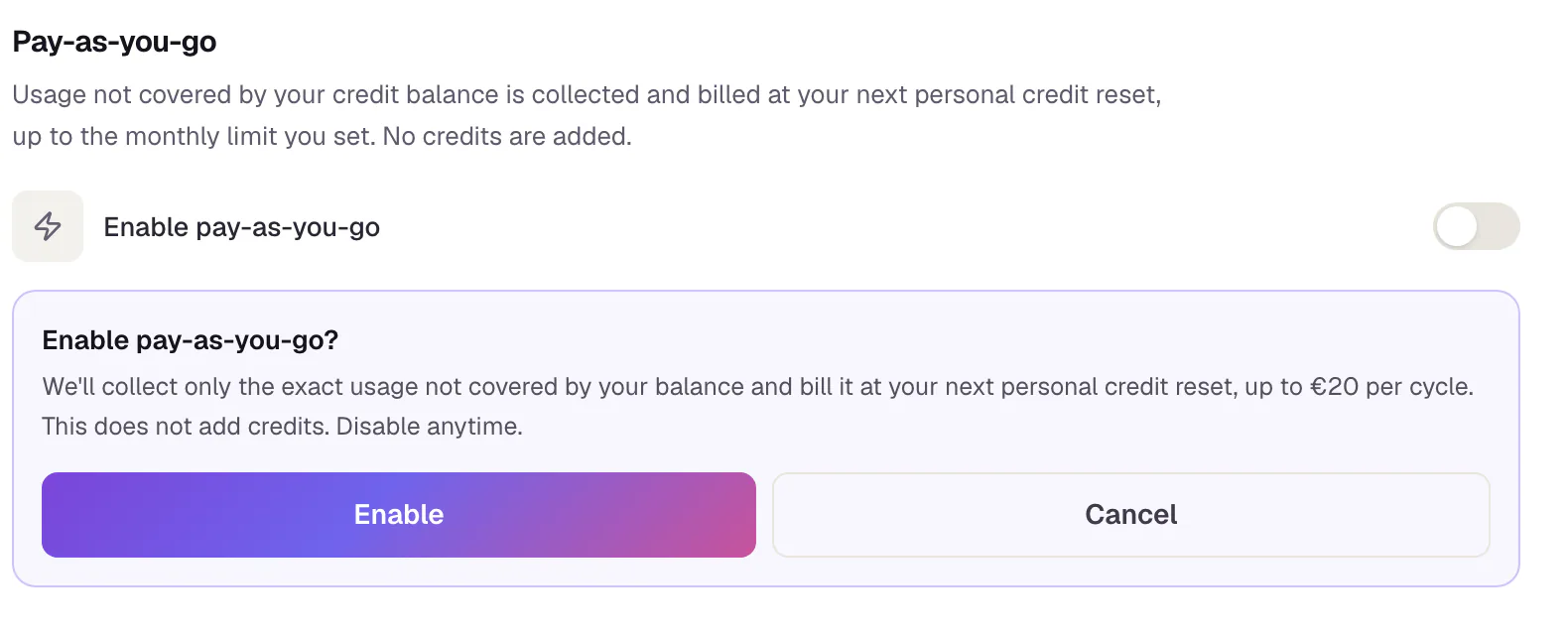 The question “Enable pay-as-you-go?” with a note on how Slaide bills, and the buttons Cancel and Enable.