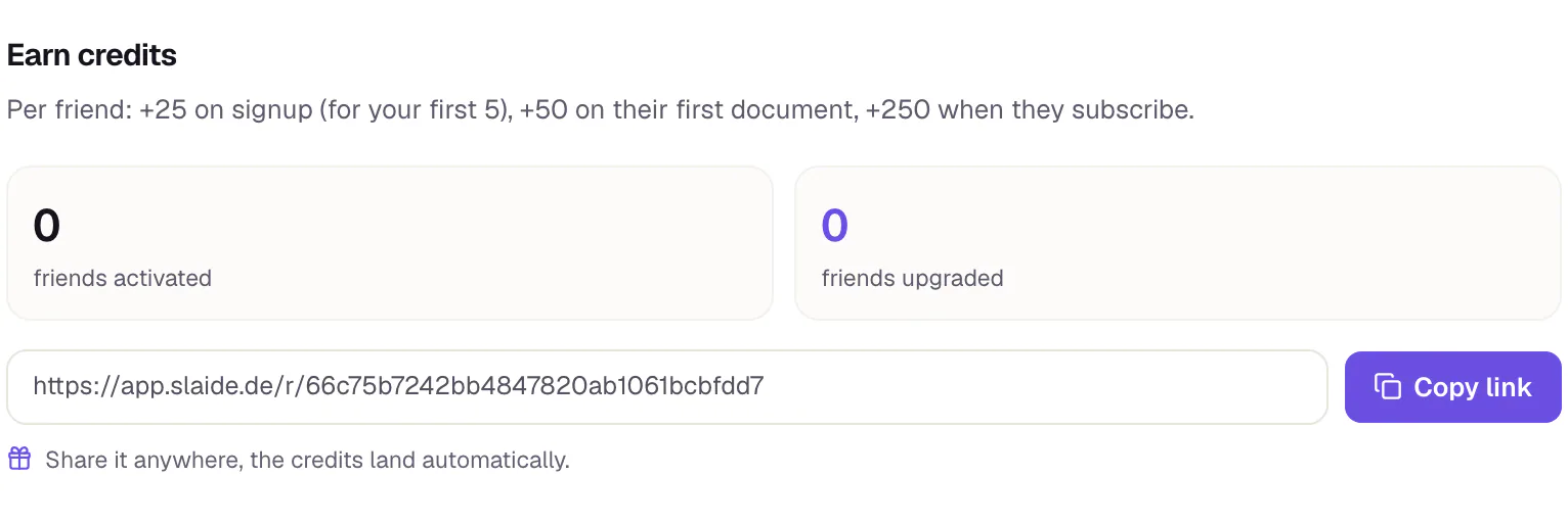 The Earn credits card in settings: a field with your personal invite link and the Copy link button next to it.