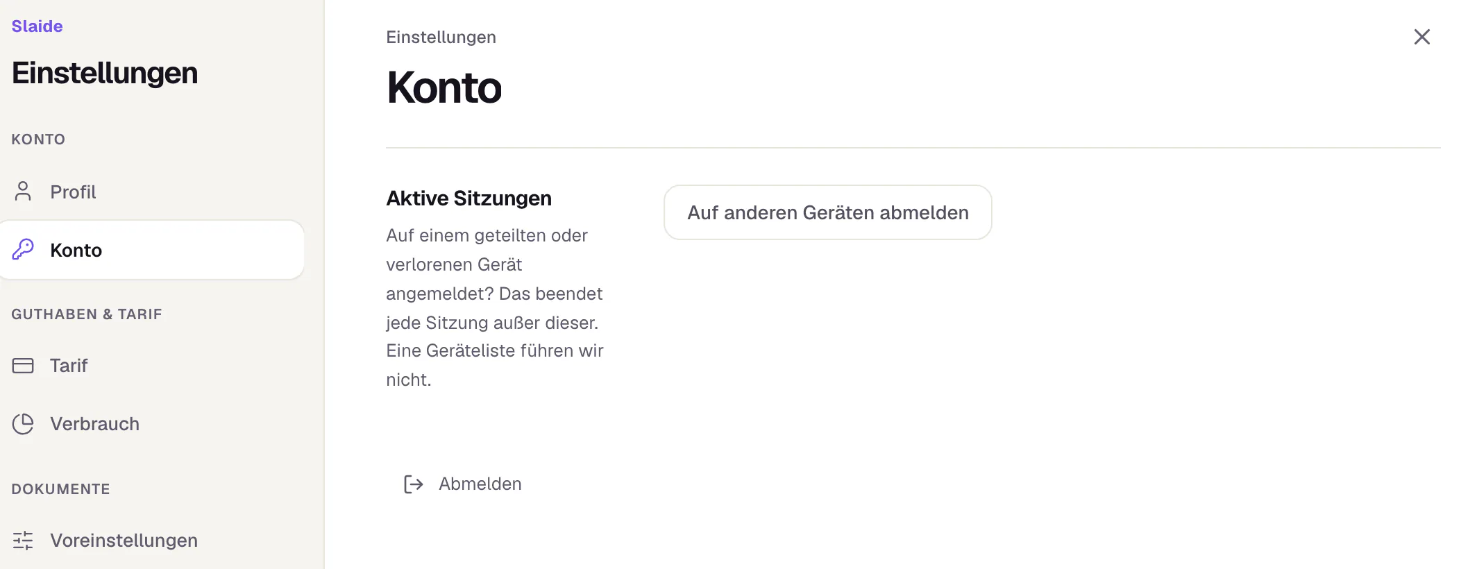 Die Einstellungen von Slaide, Bereich Konto: die Karte Aktive Sitzungen mit dem Knopf „Auf anderen Geräten abmelden“ und darunter der Knopf Abmelden.