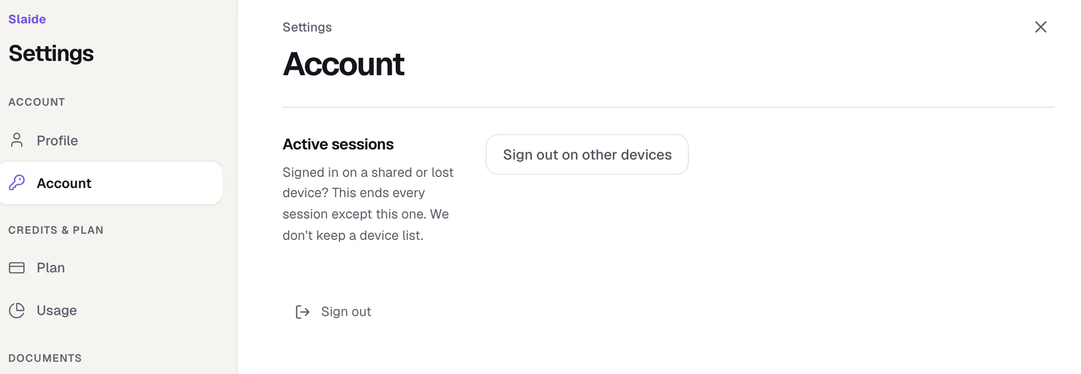 Slaide settings, Account area: the Active sessions card with the button “Sign out on other devices” and the Sign out button below it.