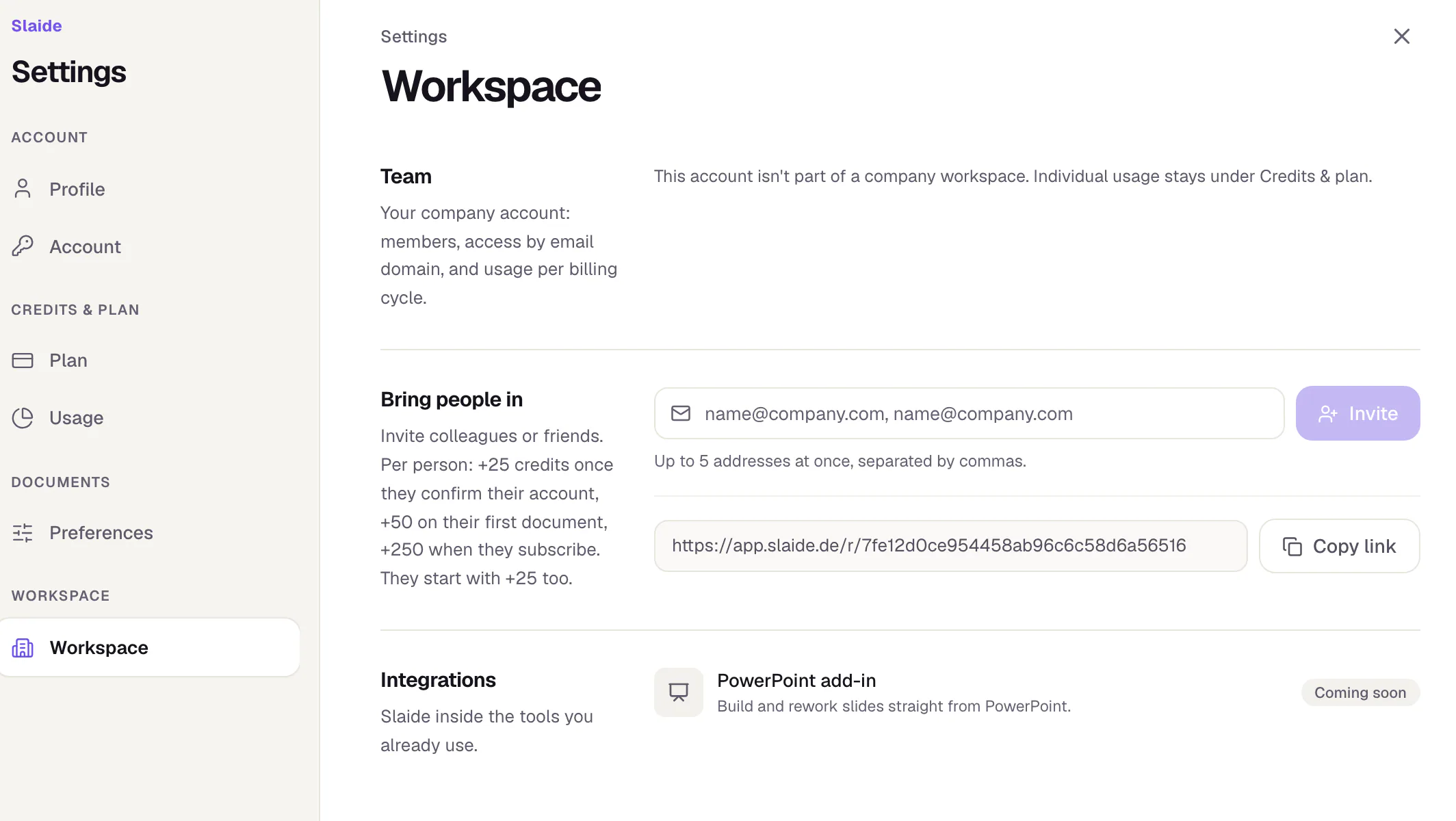Slaide settings, Workspace area: the “Bring people in” card with the field for email addresses, the Invite button, the personal invite link and the Copy link button.