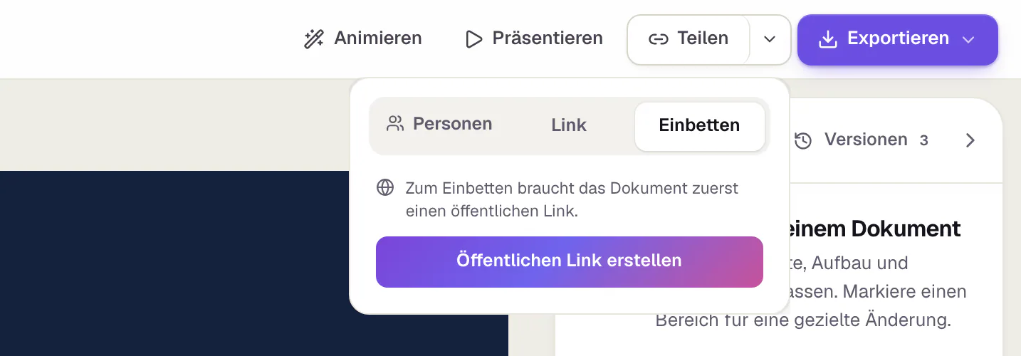 Das Teilen-Fenster, Reiter Einbetten, bevor es einen öffentlichen Link gibt: ein Hinweis und der Knopf „Öffentlichen Link erstellen“.