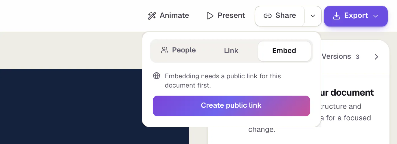 The sharing panel, Embed tab, before a public link exists: a note and the button “Create public link”.