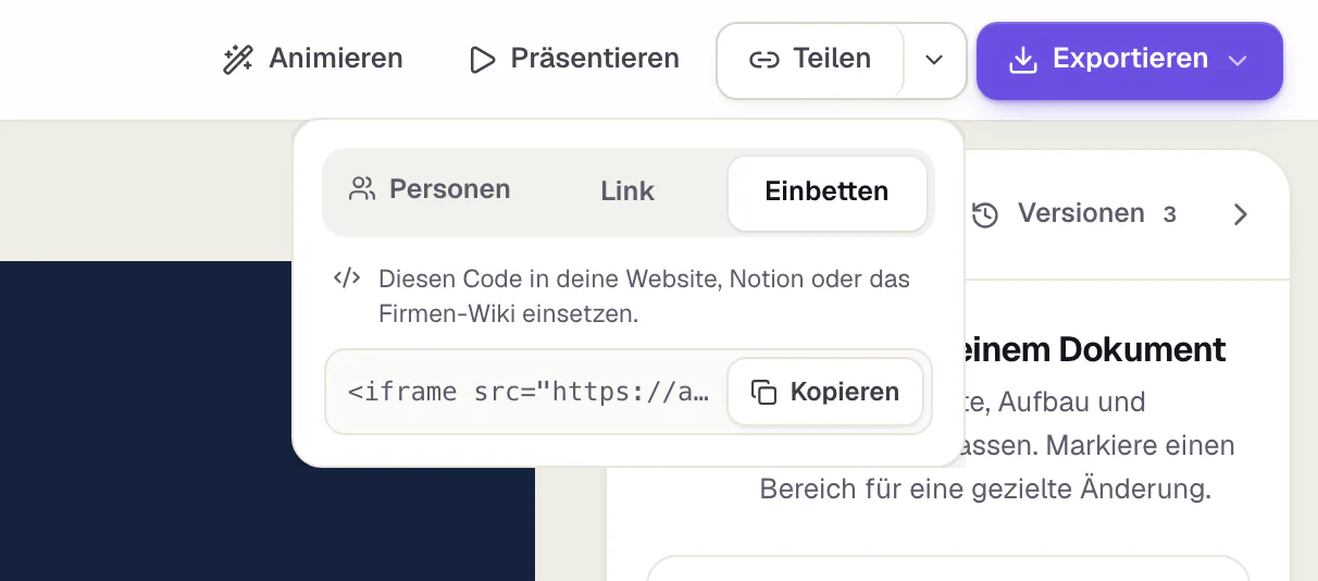 Das Teilen-Fenster, Reiter Einbetten, mit einem öffentlichen Link: der iframe-Code und der Knopf Einbettungscode kopieren.