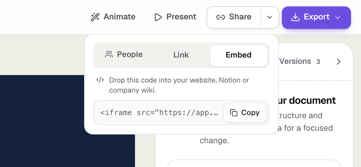 The sharing panel, Embed tab, with a public link: the iframe code and the Copy embed code button.